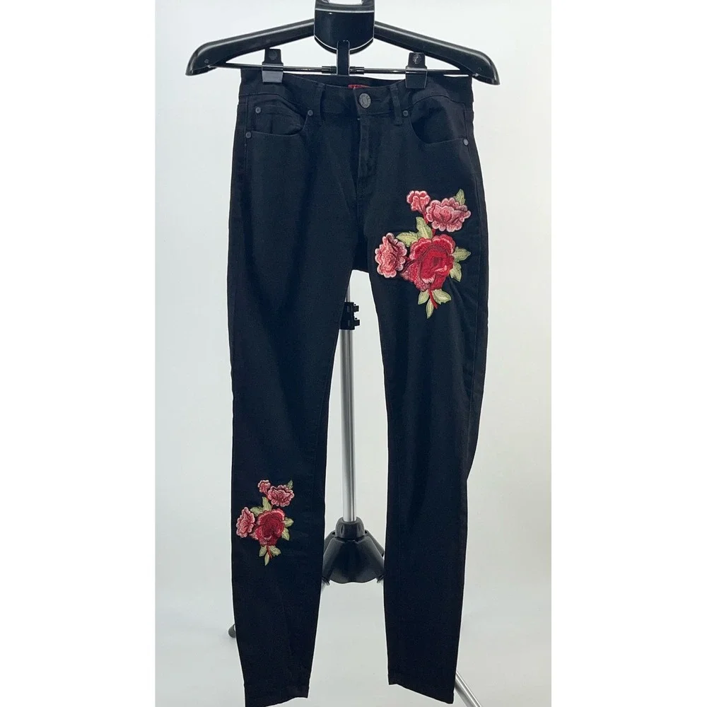 Vintage Guess Black Denim‎ Embroidered Floral Skinny Jeans Casual Stylish sz 6